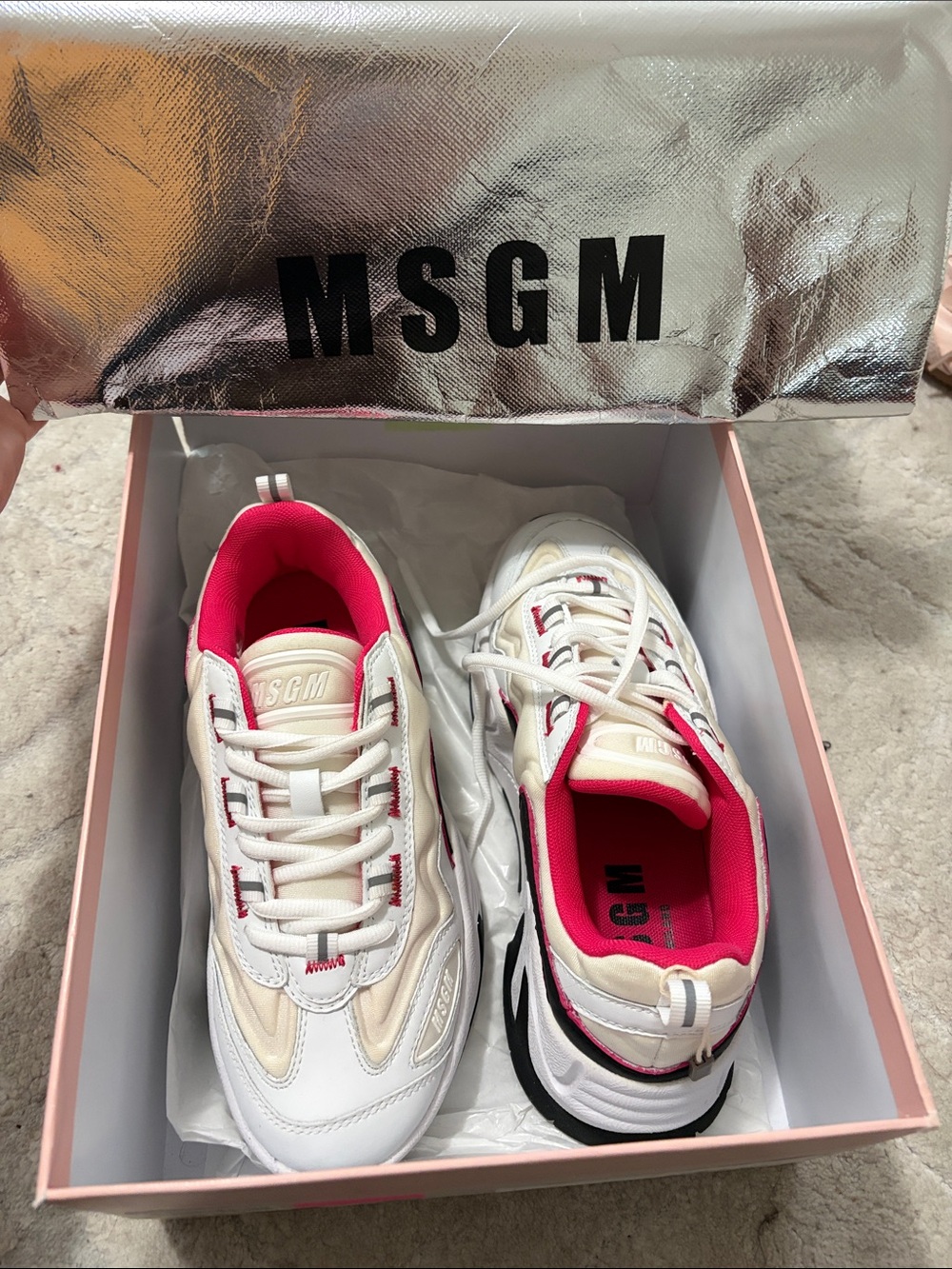 MSGM Women White Sneakers with Hot Pink Interior